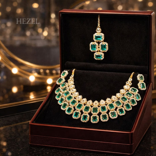 Royal Emerald-Green Crystal Bridal Necklace Set With Earrings & Maang Tikka