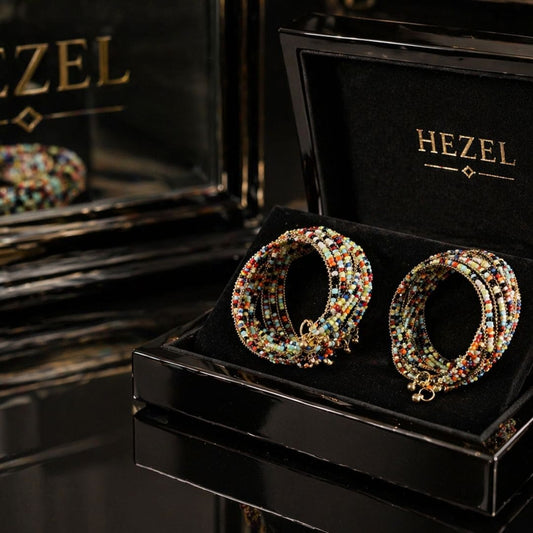 HEZEL multicolor beaded bangle set in luxury black jewellery box, elegant traditional gift for women, perfect for weddings and festive occasions.