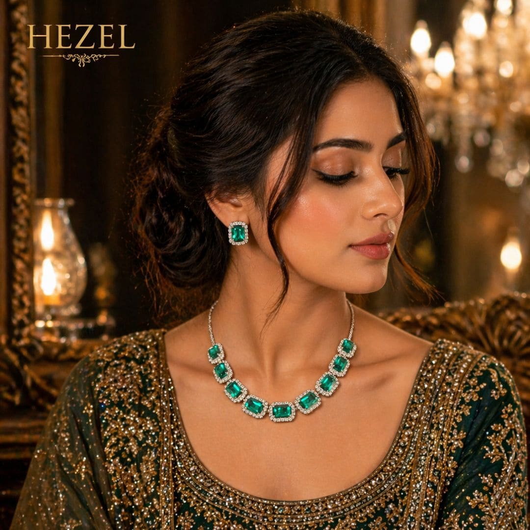 Elegant model wearing emerald green necklace and earrings with HEZEL branding