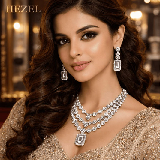 Luxury Silver-Tone Geometric Crystal Necklace Set