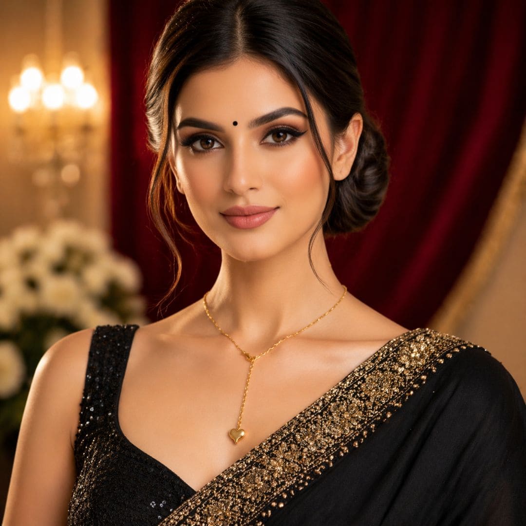 HEZEL delicate gold heart pendant necklace worn by elegant woman in black saree with premium festive background