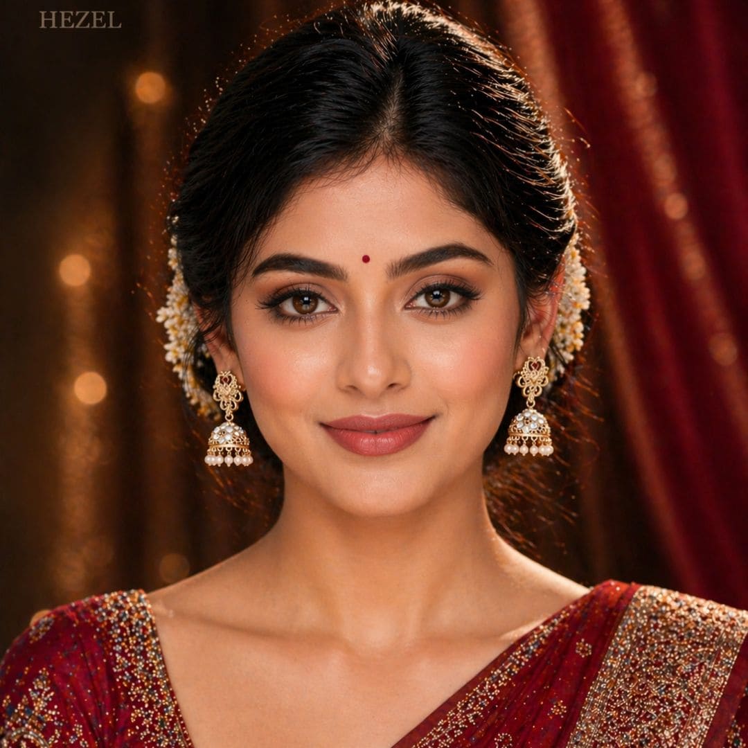 Designer HEZEL statement earrings with gold finish, pearl hangings, and delicate stone work, showcased in a high-end presentation case