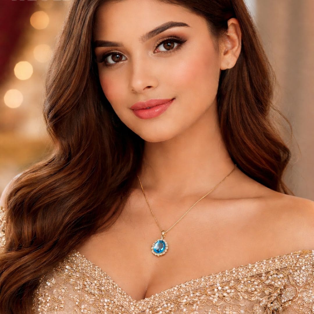 HEZEL blue stone pendant necklace worn by model in elegant look