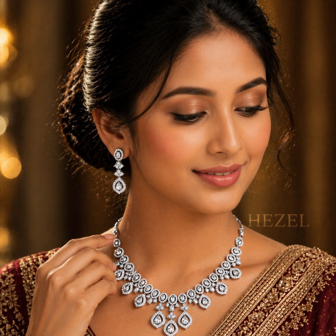 HEZEL premium silver wedding jewelry set featuring teardrop pendant necklace and matching earring