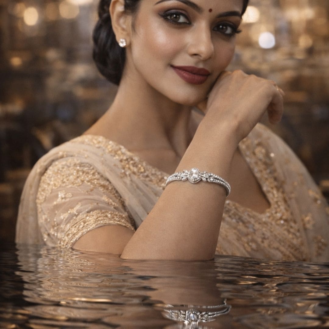 Elegant woman wearing a premium silver crystal bracelet with luxury festive lighting and reflective water effect for Hezel Jewellery