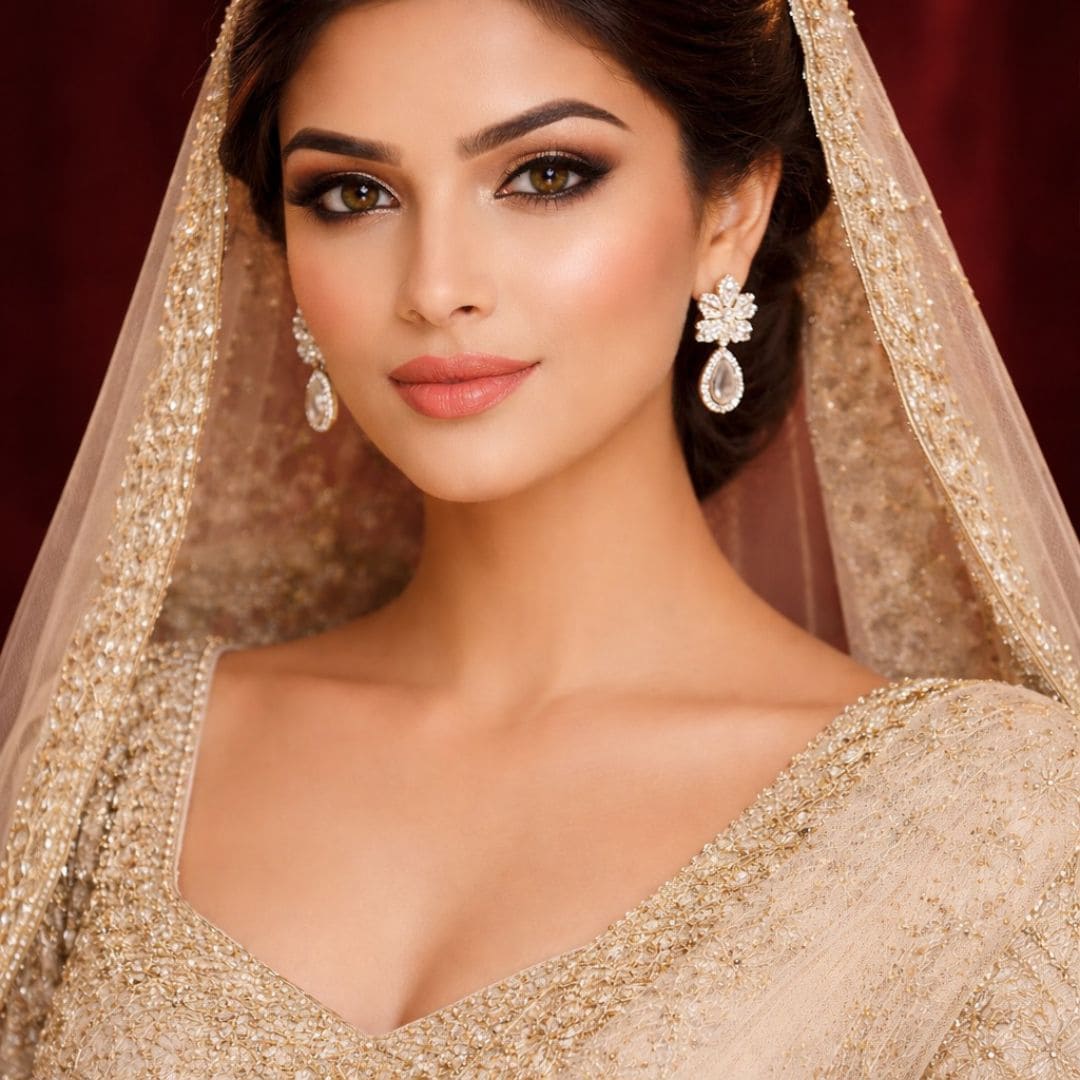 Model wearing HEZEL bridal floral drop earrings, elegant sparkling design for wedding jewelr