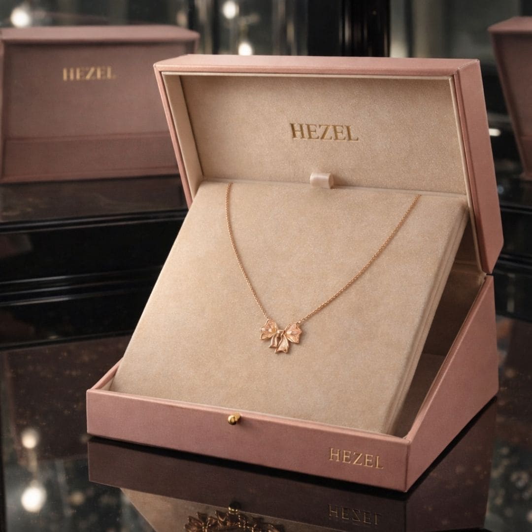HEZEL butterfly pendant necklace in a premium blush pink jewelry box with a delicate rose gold finish, displayed in a luxurious reflective setting.