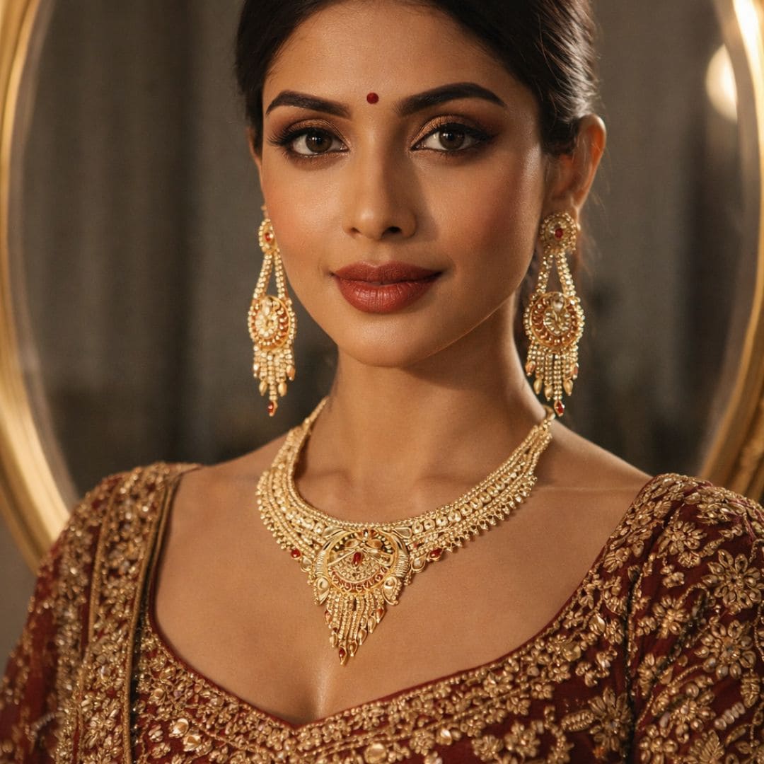 Elegant HEZEL traditional gold necklace and earrings set on bridal look model