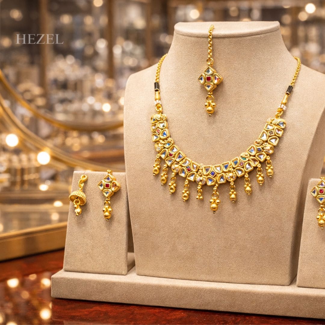 Traditional Gold-Tone Kundan Necklace Set With Earrings & Maang Tikka