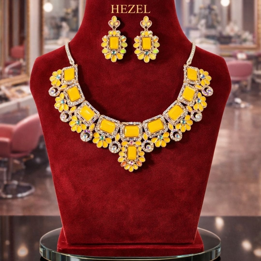 Hezel yellow floral statement necklace set with matching earrings and crystal accents