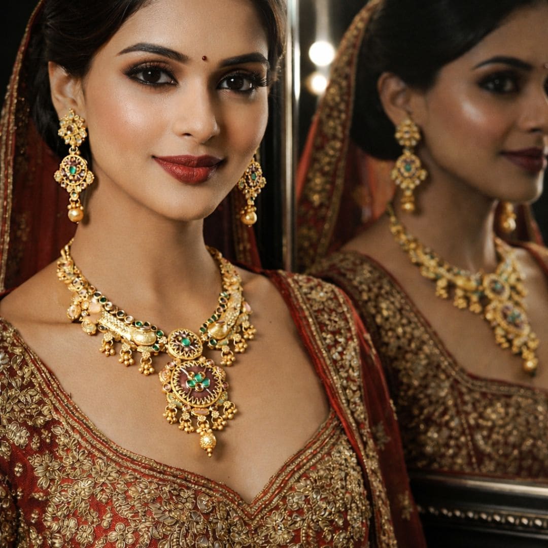 HEZEL traditional gold-tone necklace set with green stones and matching earrings styled with bridal attire