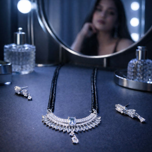 Oxidized Silver Black Beads Necklace Set (Traditional Mangalsutra Style)