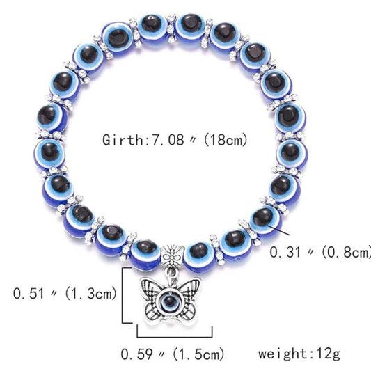 Blue Evil Eye Beaded Stretch Bracelet With A Butterfly Charm