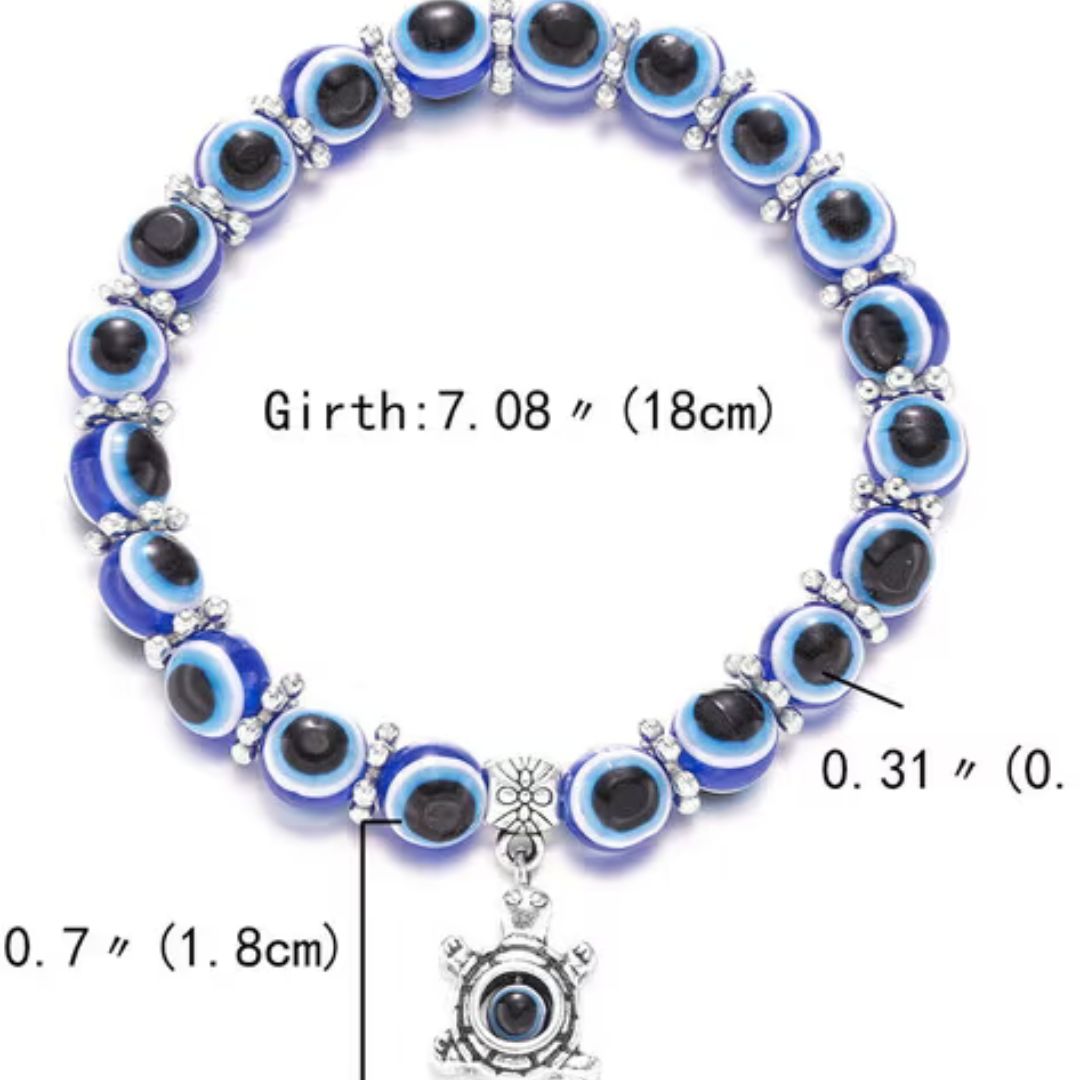 Blue Evil Eye Beaded Stretch Bracelet With A Turtle Charm