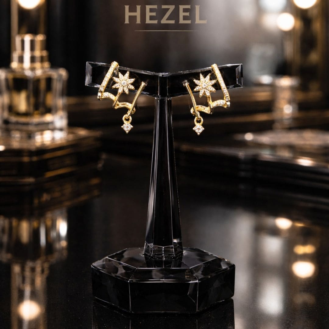 Hezel gold plated designer hoop earrings with sparkling stones on black display stand