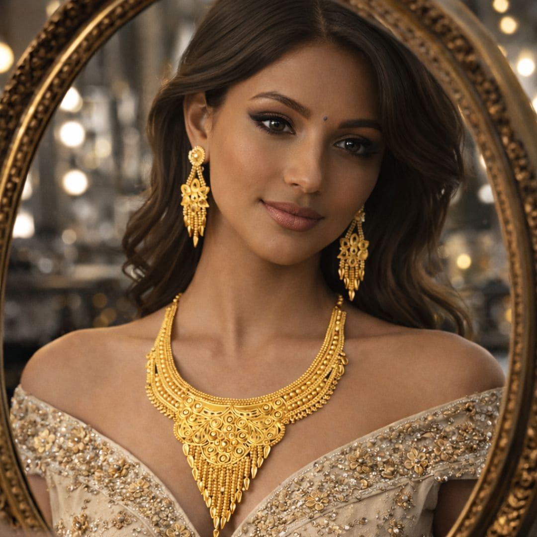 HEZEL royal gold jewelry set enhancing timeless beauty with luxurious elegance.