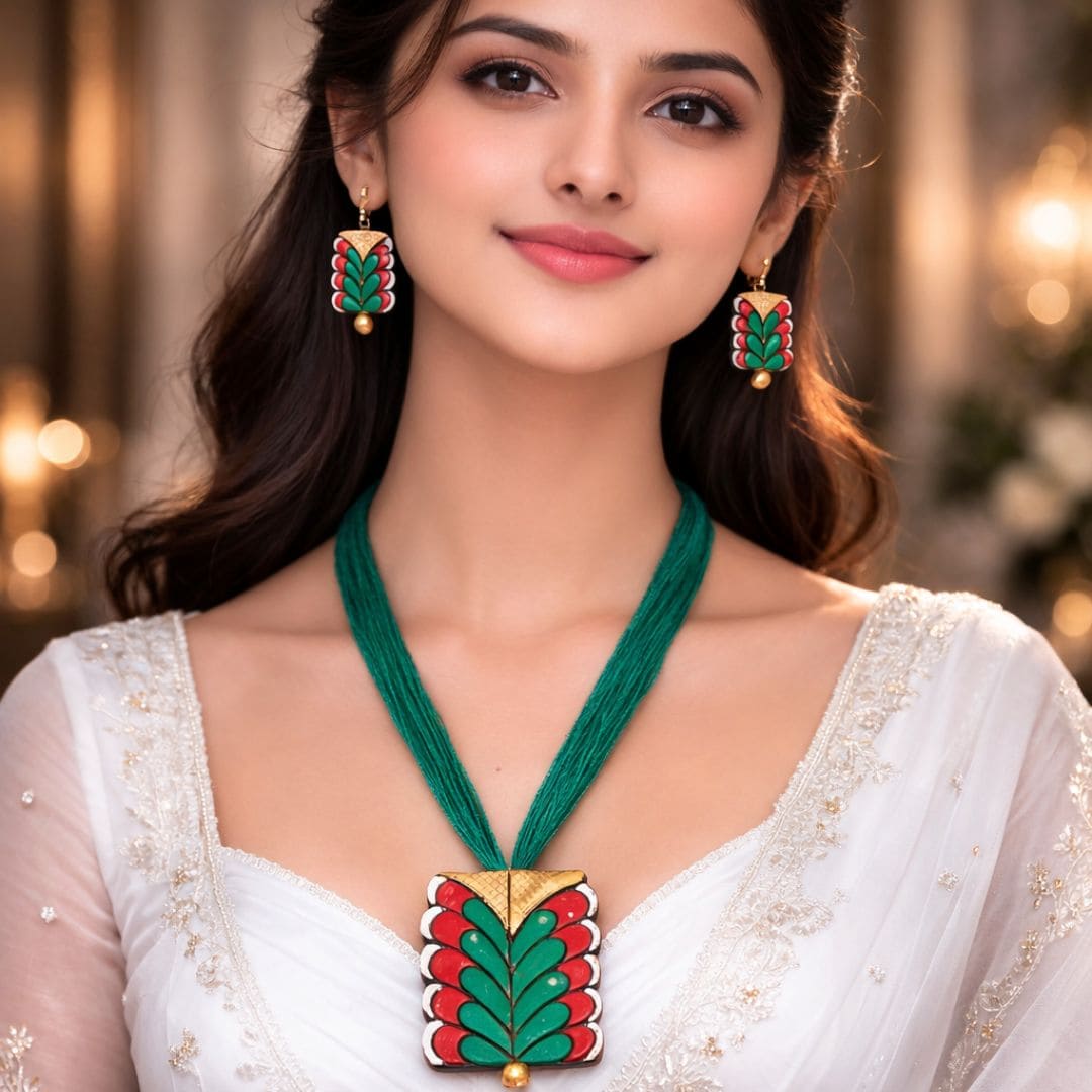 HEZEL green and red enamel necklace with matching earrings worn by female model in elegant traditional attire