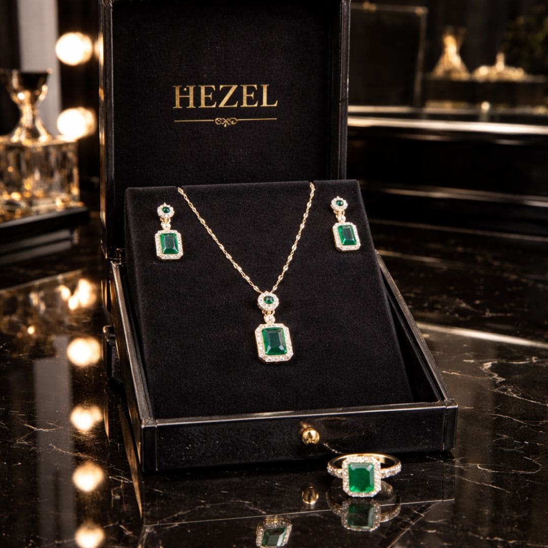 Hezel emerald pendant necklace with matching earrings and ring set in luxury jewellery box