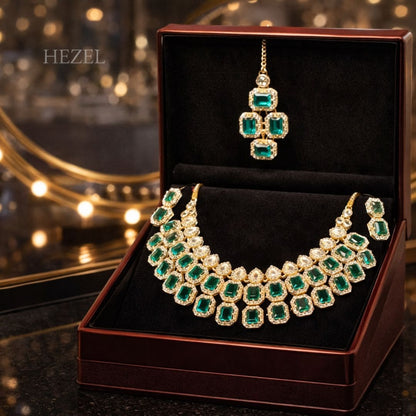 Royal Emerald-Green Crystal Bridal Necklace Set With Earrings & Maang Tikka