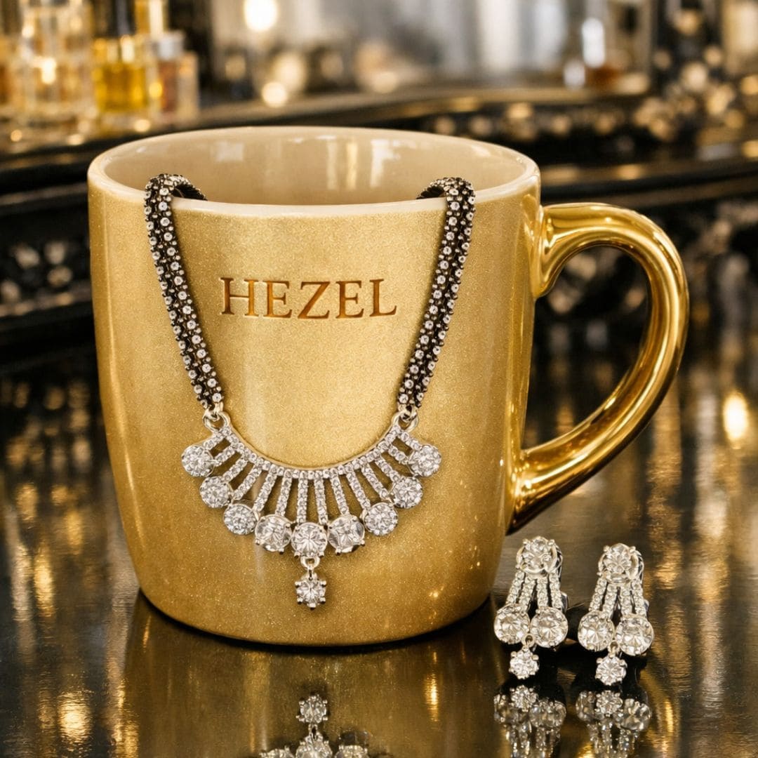 HEZEL elegant silver-tone necklace and earrings set with sparkling stone design, perfect for bridal and festive wea