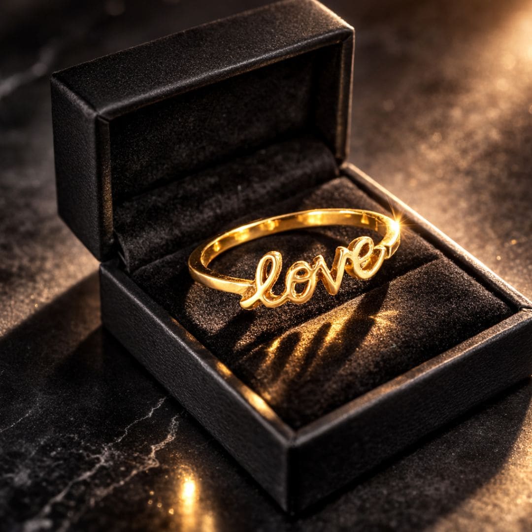Hezel gold love script ring in luxury black jewellery box with elegant presentation