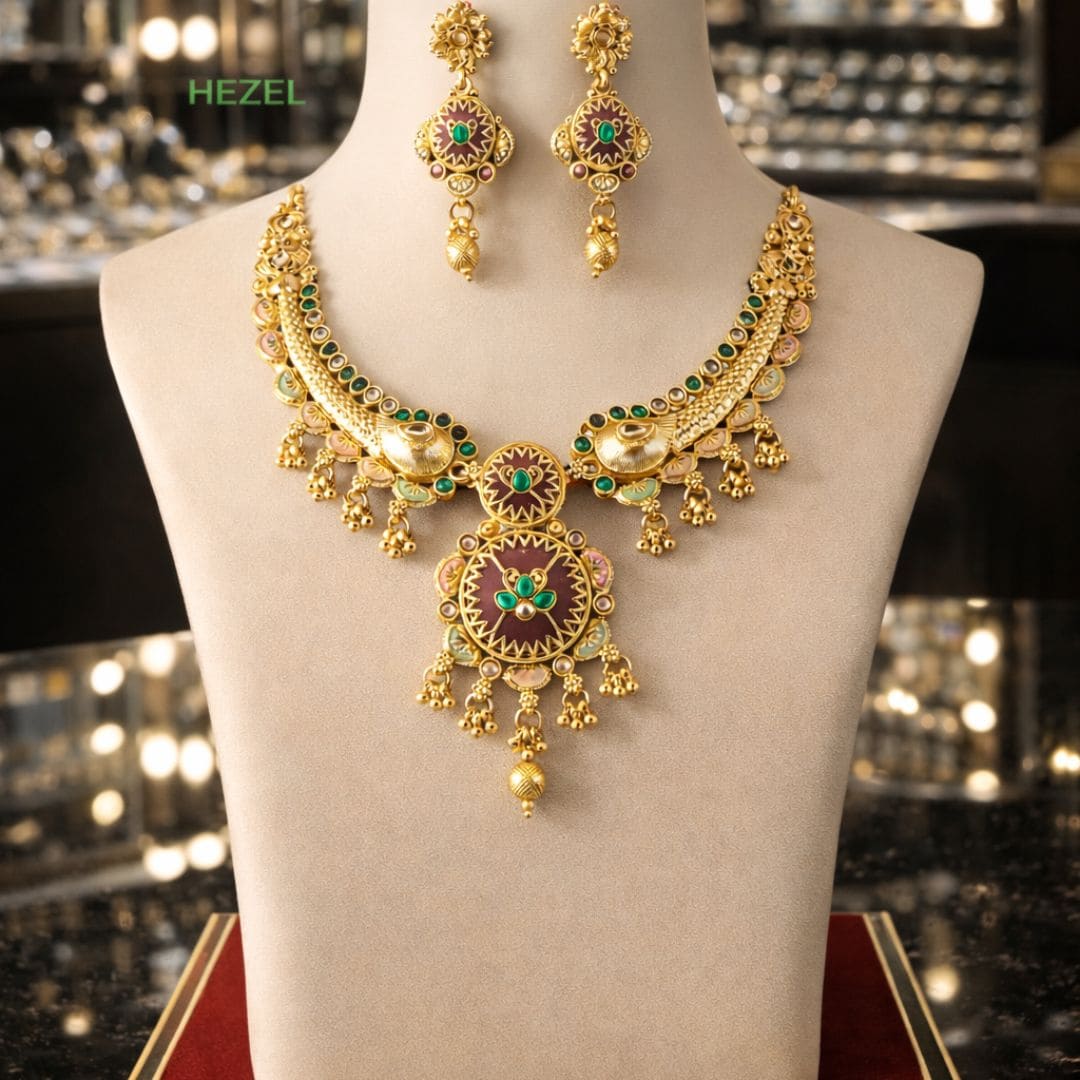 HEZEL gold-toned traditional necklace set with green stones and matching earrings on a premium display