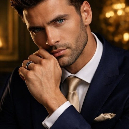 HEZEL silver band ring with textured center stripe worn by male model in formal suit with warm luxury background