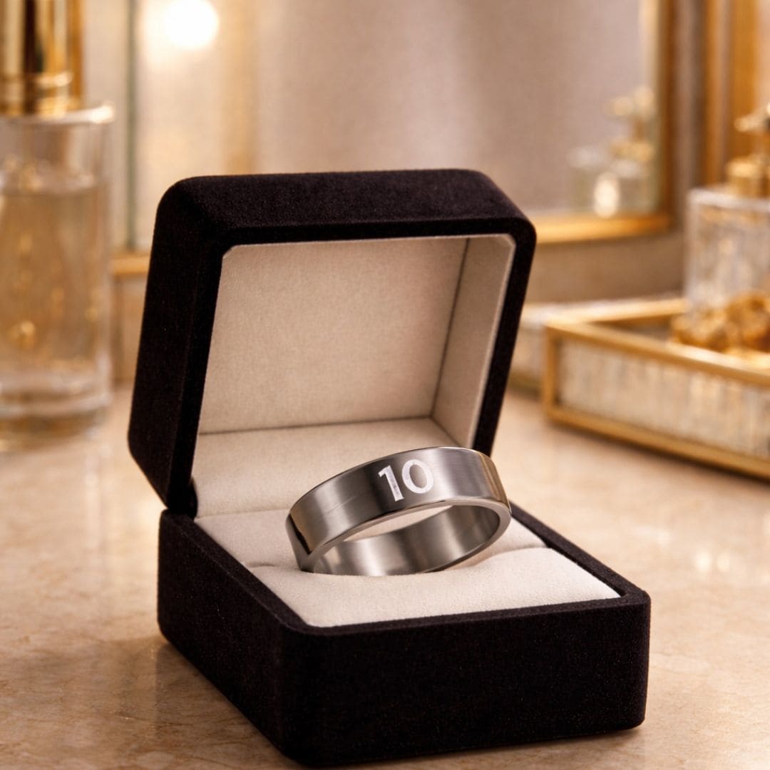 Hezel brand minimalist stainless steel band ring engraved with “10,” elegantly presented in a premium jewelry box with a warm, luxurious background