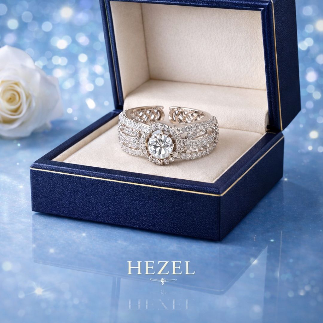 HEZEL diamond-studded statement ring with central stone, showcased in a premium blue jewelry box