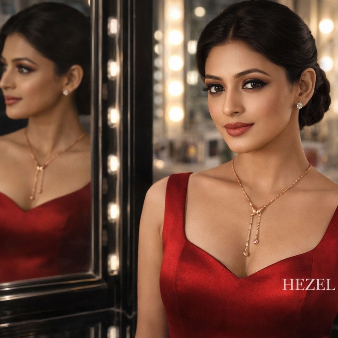 Elegant woman wearing Hezel butterfly pendant necklace in glamorous red evening look.