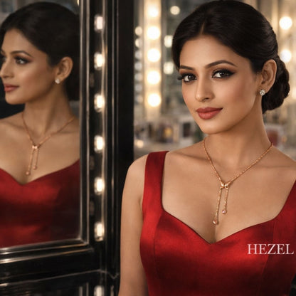 Elegant woman wearing Hezel butterfly pendant necklace in glamorous red evening look.