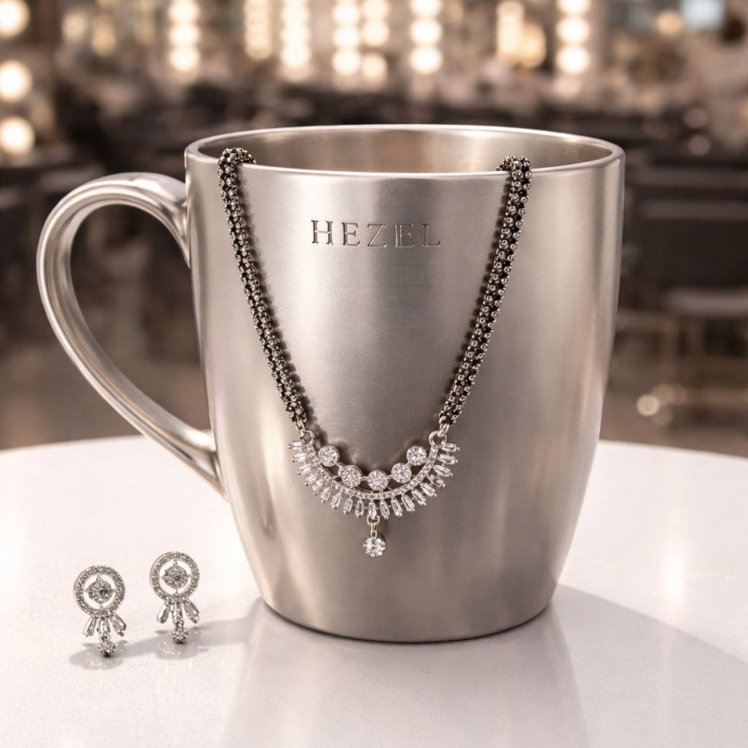 Elegant silver-tone mangalsutra set with matching earrings displayed on a premium HEZEL metallic mug.