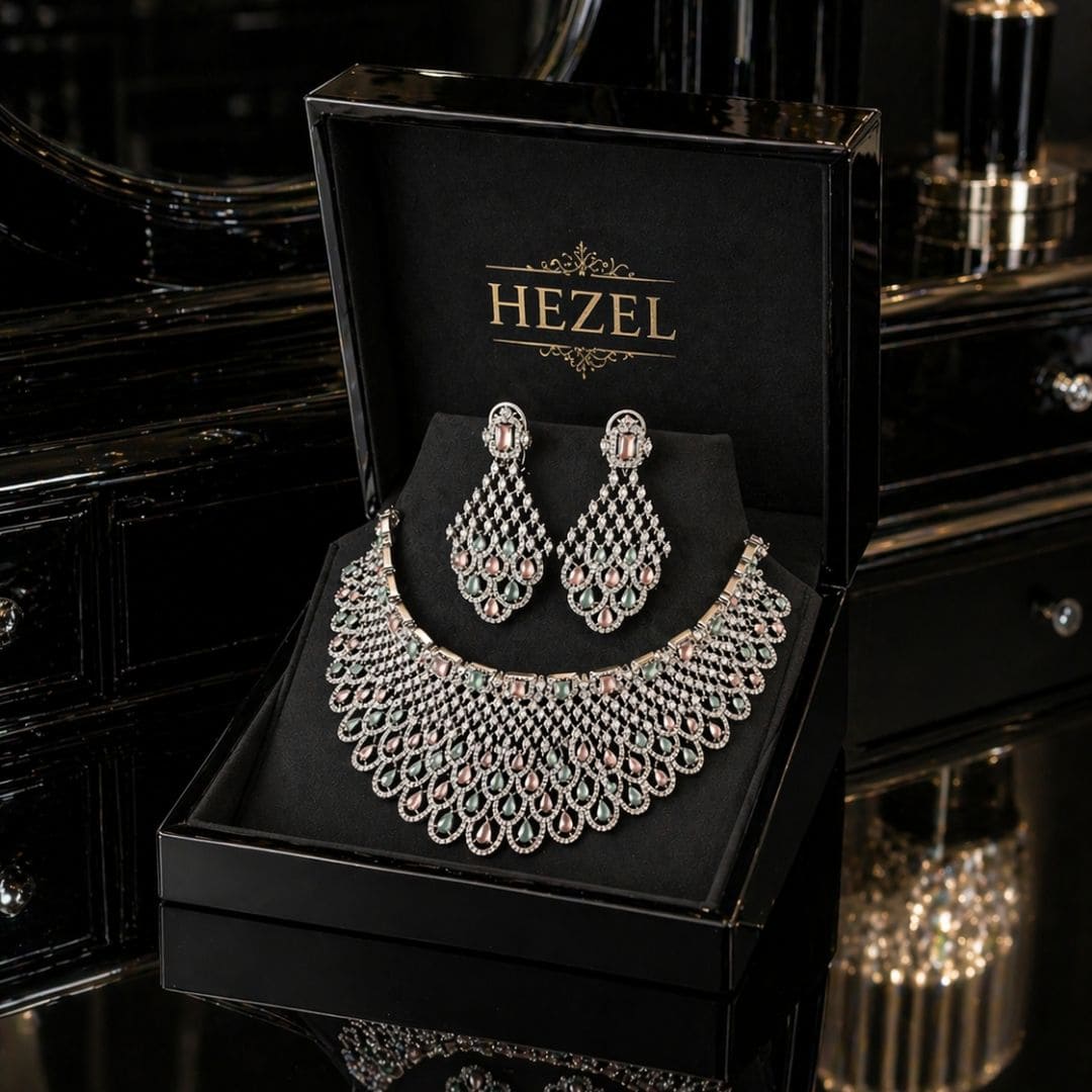 Hezel statement necklace set with pastel green and pink stones, paired with matching chandelier earrings in a premium black jewelry box