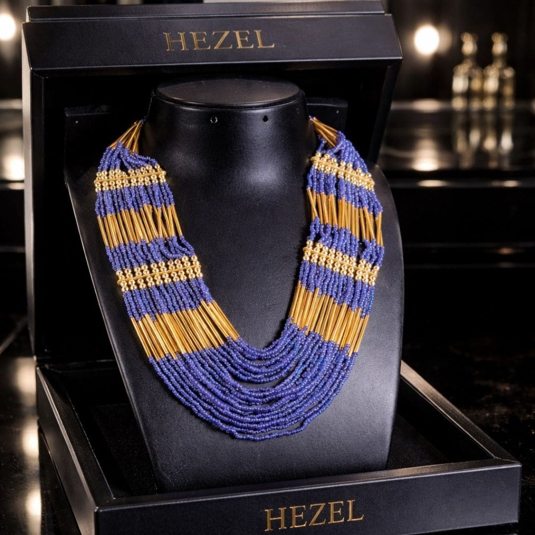 Hezel handcrafted blue bead and gold layered statement necklace displayed in premium luxury gift box for elegant traditional, festive, and party wear