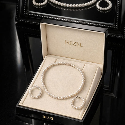 Hezel pearl necklace and earrings set in luxury jewellery box with premium presentation