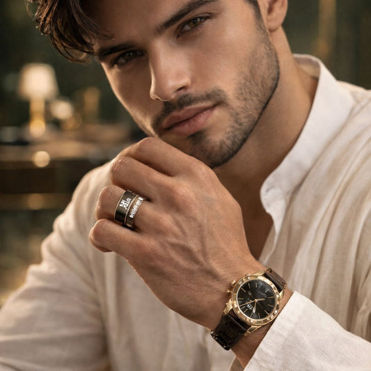 HEZEL black and silver band ring with Mahakal Hindi engraving worn by male model in elegant casual look with luxury watch