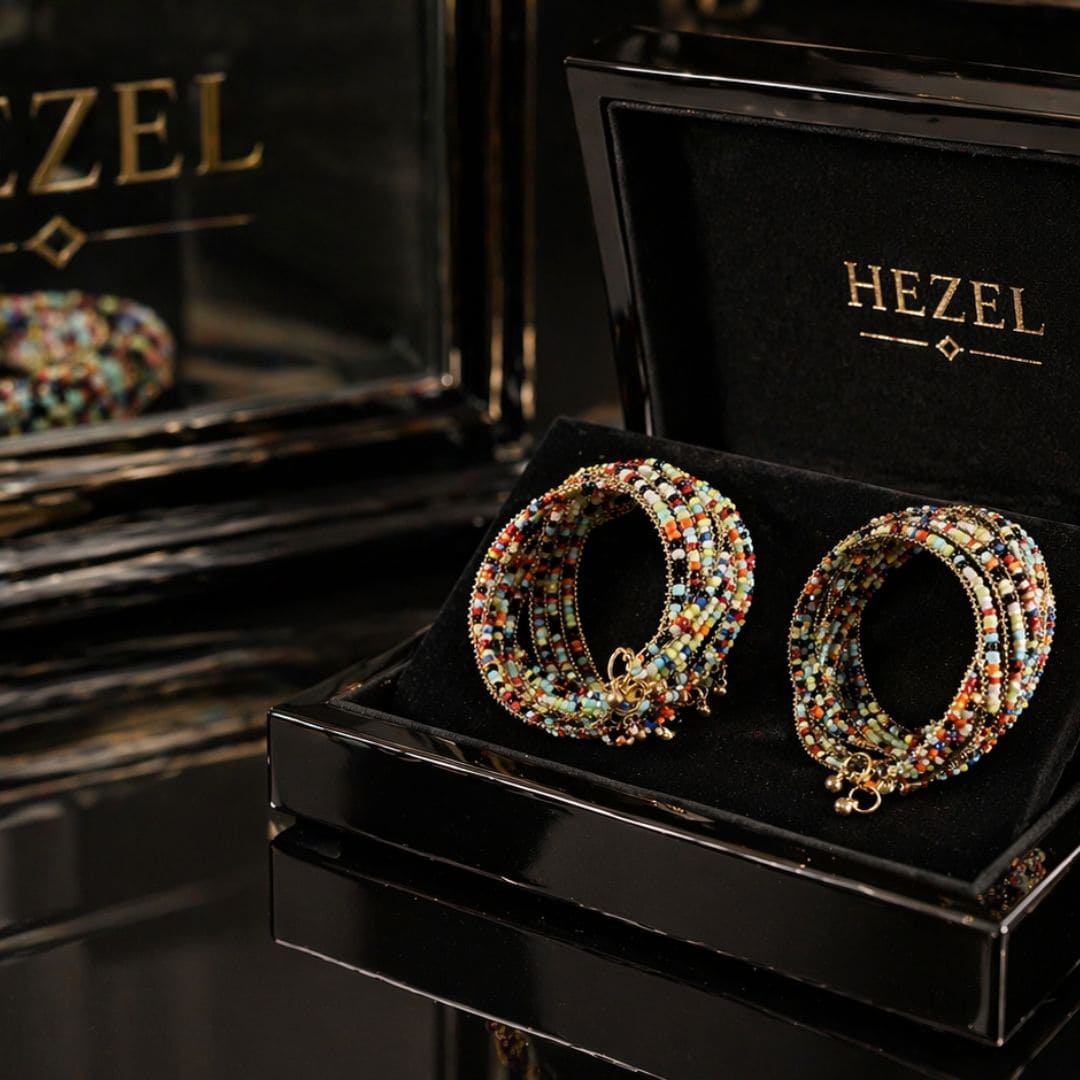 HEZEL multicolor beaded bangle set in luxury black jewellery box, elegant traditional gift for women, perfect for weddings and festive occasions.