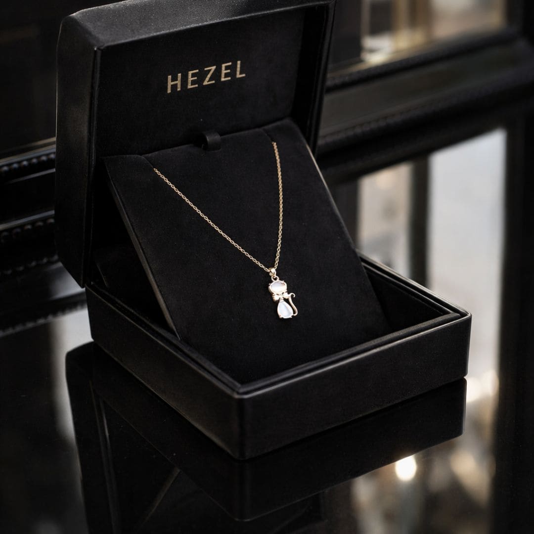 HEZEL cat pendant necklace in gold finish displayed in a luxury black jewelry box