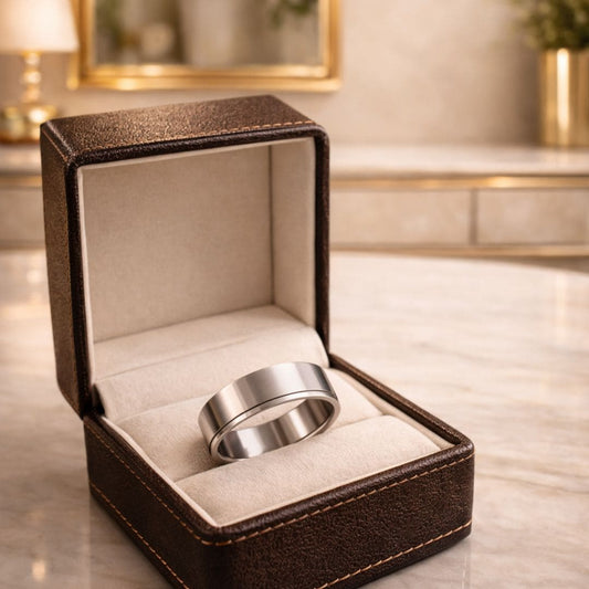 HEZEL minimalist silver band ring with dual groove design presented in premium leather jewelry box on elegant marble surface