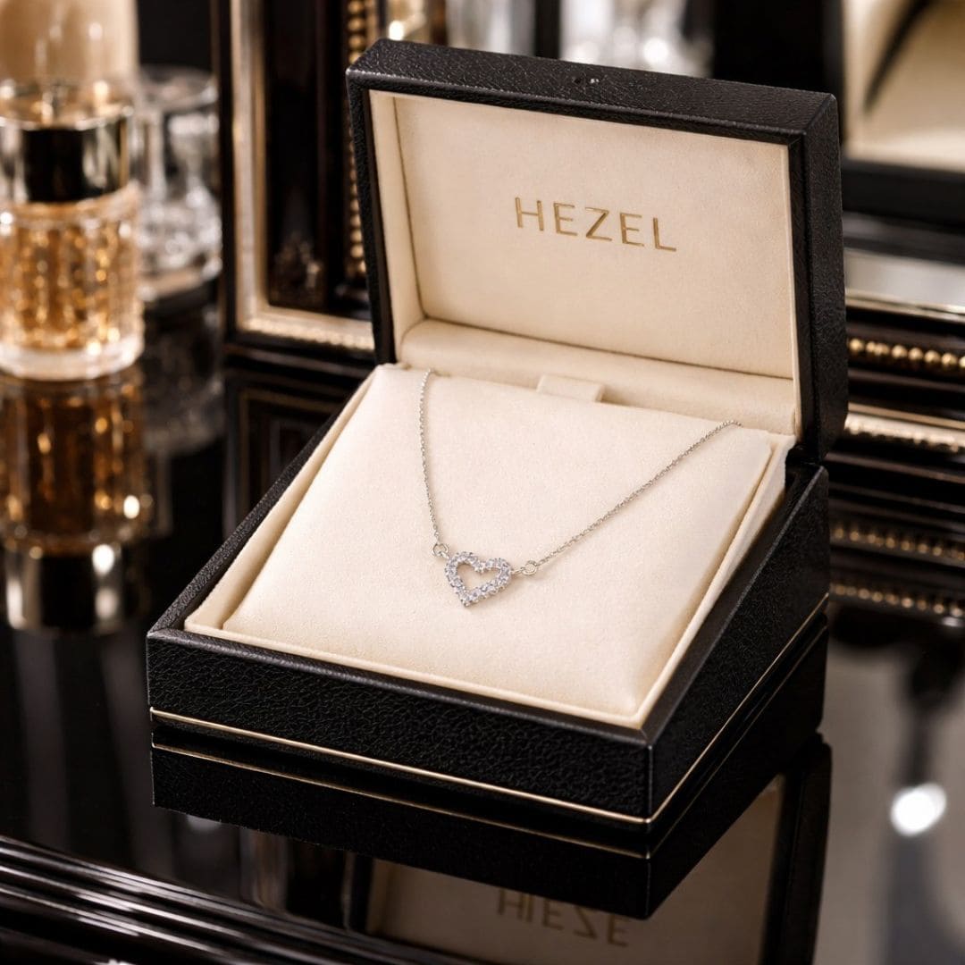 HEZEL heart pendant necklace in a luxury black jewelry box, elegant silver chain with sparkling design