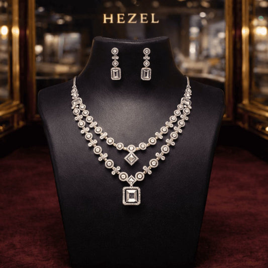 Luxury Silver-Tone Geometric Crystal Necklace Set