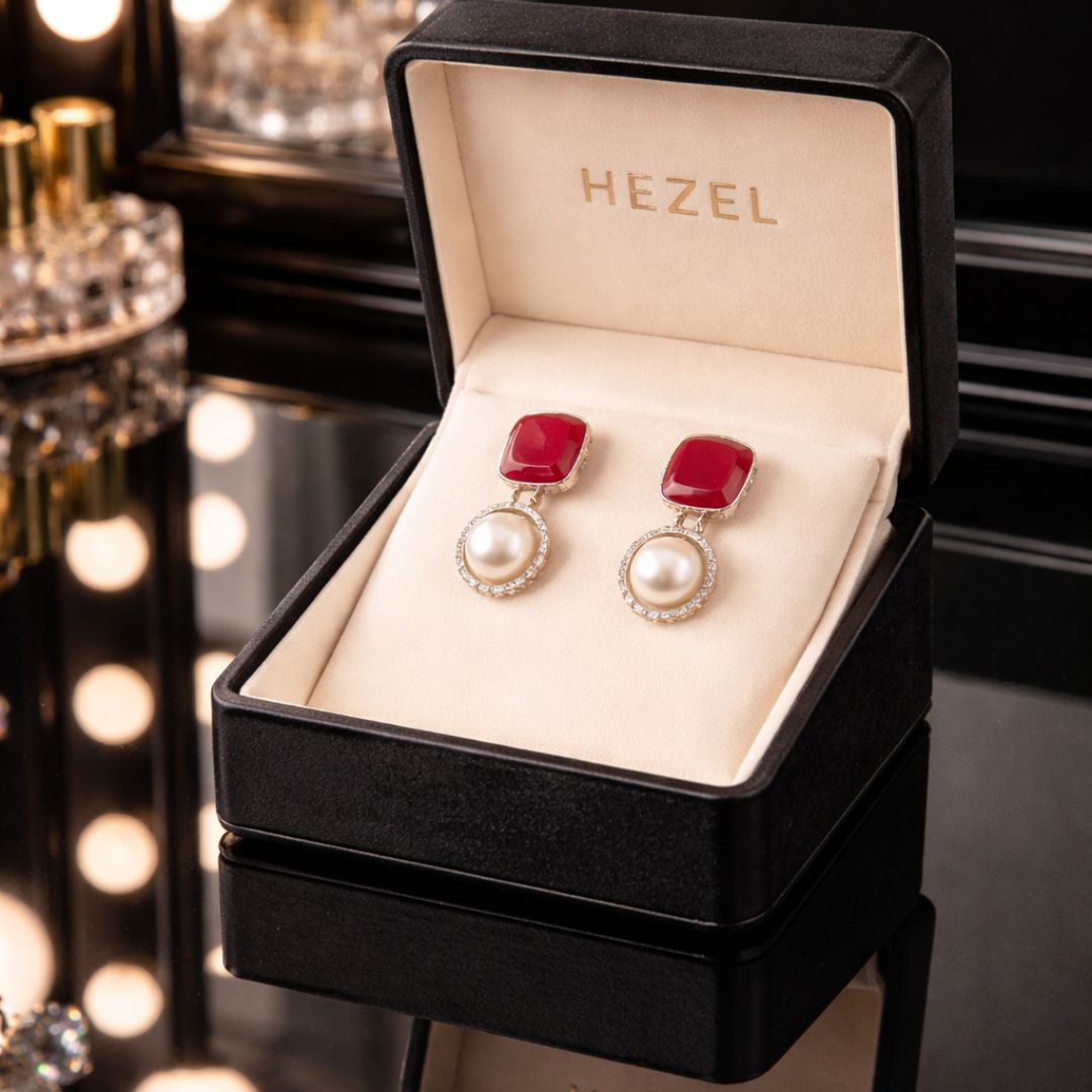 HEZEL red gemstone and pearl drop earrings in luxury black jewelry box