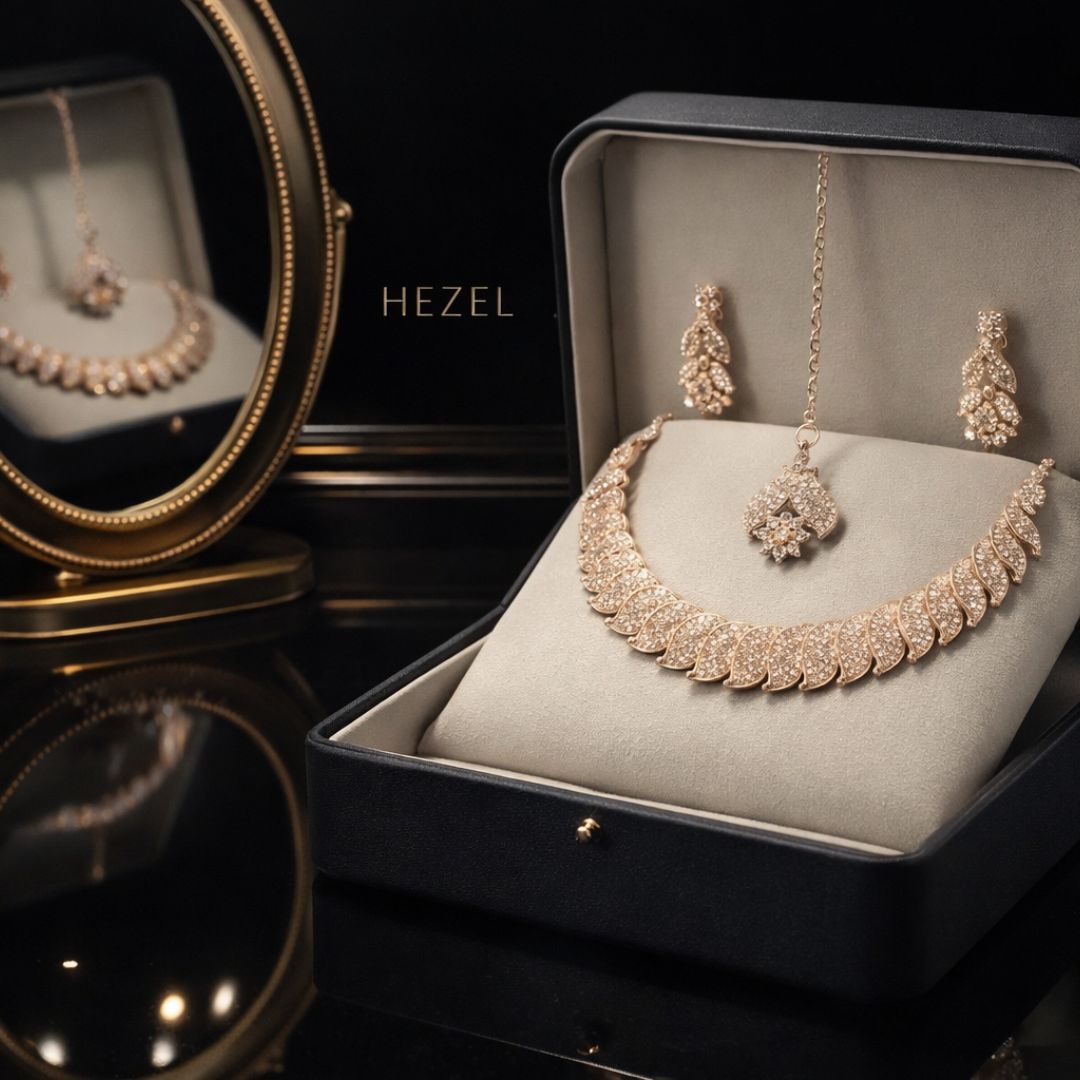 Rose Gold-Tone Leaf Motif Crystal Necklace Set With Maang Tikka & Earrings