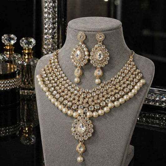 HEZEL luxury pearl and kundan necklace set with matching drop earrings, presented in a black velvet signature jewellery box