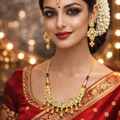 Traditional Gold-Tone Kundan Necklace Set With Earrings & Maang Tikka