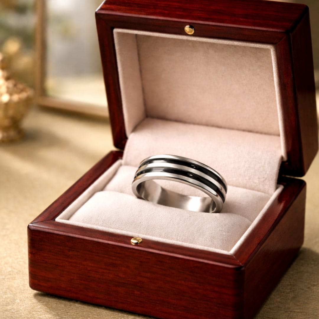 Hezel premium striped stainless steel ring presented in a luxury wooden jewelry box with velvet interior.
