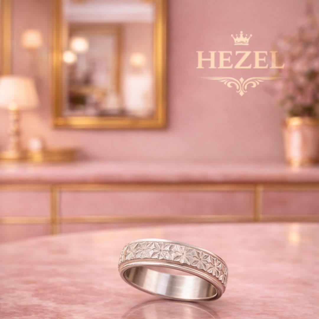 HEZEL textured silver band ring with intricate geometric pattern on marble surface in soft pink luxury setting