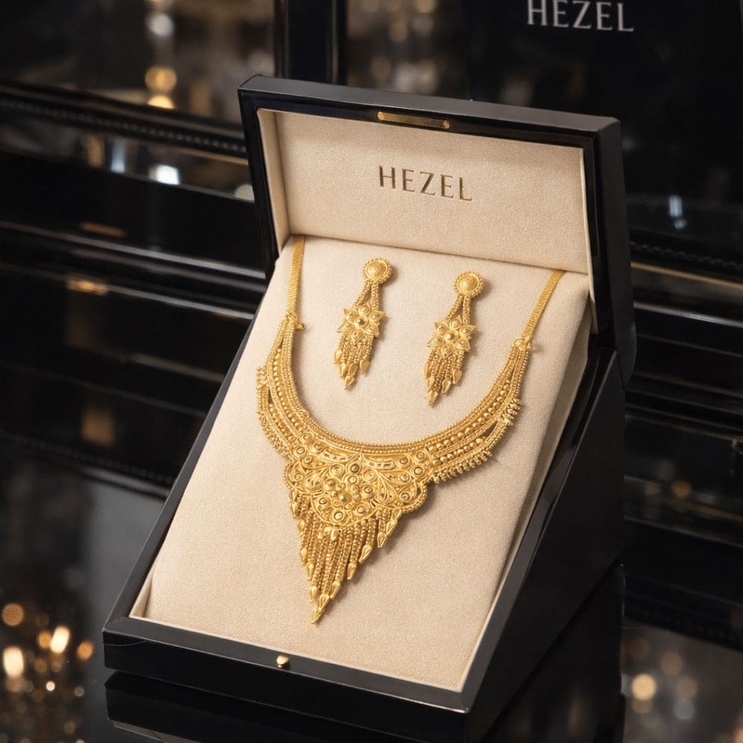 HEZEL premium gold jewelry set presented in elegant luxury gift box.