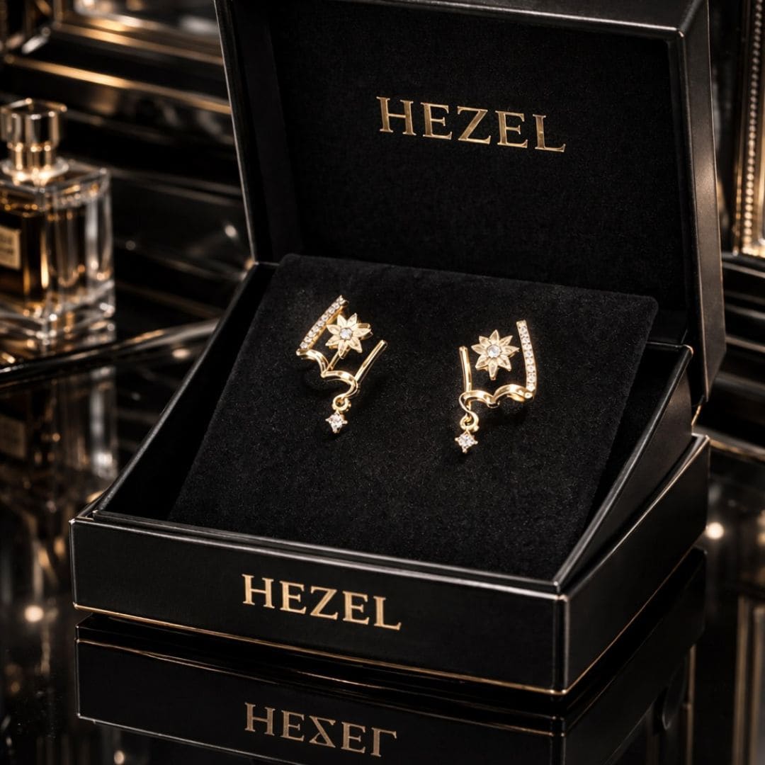 Hezel luxury gold designer earrings with floral crystal design in premium black jewelry box