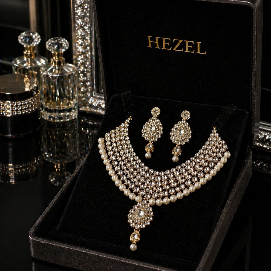 Premium HEZEL bridal necklace set featuring layered pearls and intricate kundan craftsmanship, displayed in an elegant